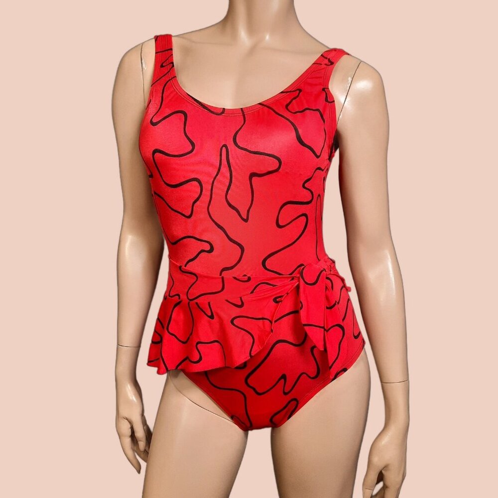 Vintage 80s Cole Of California Swimsuit Womens M Red Abstract Print Side Tie